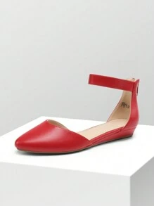 Women's Closed Pointed Toe Low Wedge Ankle Strap Casual Comfortable Ballet Flats With Back Zipper Design Party Wedding Shoes - 熱烈紅色 - 查看 3