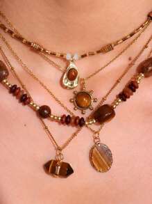 1 件棕色虎眼天然石吊坠项链，复古优雅手工串珠项链，女士秋季珠宝