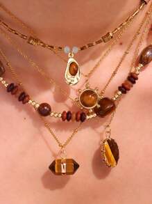 1 件棕色虎眼天然石吊坠项链，复古优雅手工串珠项链，女士秋季珠宝