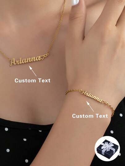 Personalized Simple Heart & English Name Necklace And Bracelet Set, Stainless Steel Couple Jewelry, Perfect Gift For Christmas, Halloween, Valentine's Day, Anniversary - For Couples, Mom For Anniversaries, For Birthdays, For Daily Wear, For Prom, For Mother's Day, For Valentine's Day, For Graduation, For Weddings, For Father's Day Gold Stylish,Vintage,Simple,Unisex,Casual,Customized Fashion Word Necklaces,Chic Autumn,New Year Glamour,Jewellery For Ladies