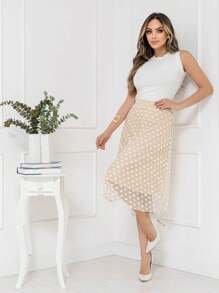 Midi Pleated Skirt In Tulle Fabric, Evangelical Fashion, With Lining And Elastic At The Waist, Cod128 - 淺褐色的 - 查看 3