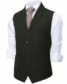 1PCS Men's Vest Herringbone Wool Tweed Suit Vest Lapel V-Neck Single Breasted Waistcoat, Tweed Herringbone Waistcoat, Beautifully Lined, Army Green - 軍綠色 - 查看 3