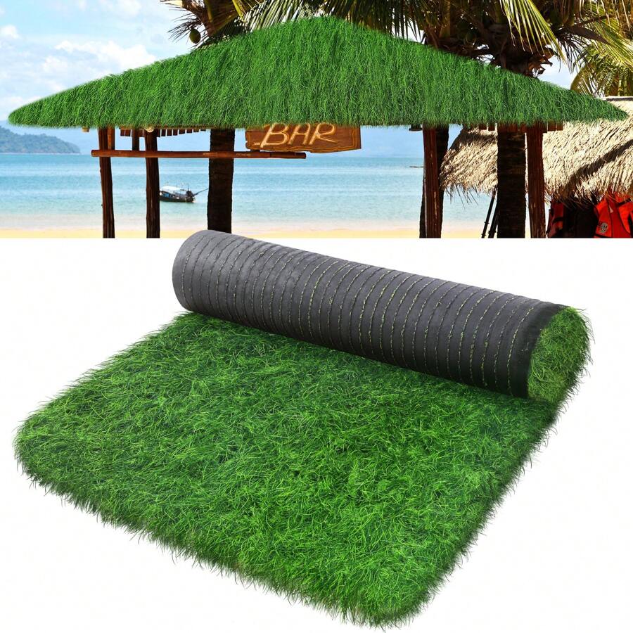 Synthetic Thatch Grass Roof Artificial Mexican Straw Roll Fireproof Palapa Thatch Roofing Decorations For Tiki Bar Hut Patio Pool Beach Hawaiian Party And Bar Decor (Green,19.7' X 19.7'') - Green - View 1