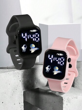 2 件套青少年/学生宇航员、飞机、地球 TPU 休闲运动风格电子手表，适合日常生活