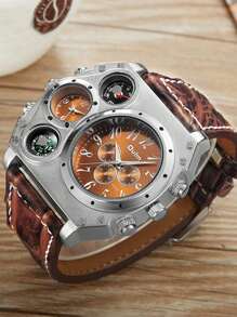 Oulm 手表 男士石英休闲皮革表带腕表运动多时区男钟日期钟 1349