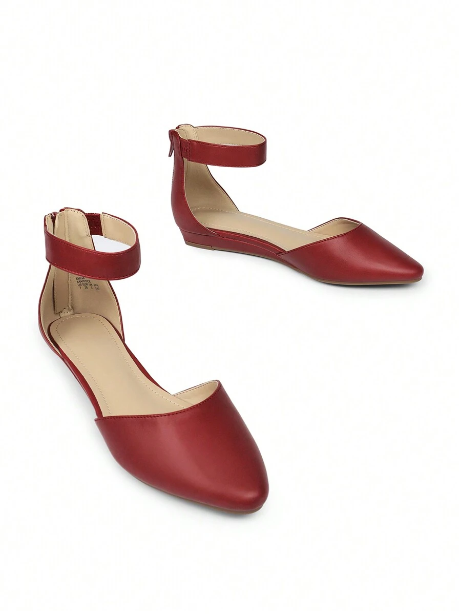 Women's Closed Pointed Toe Low Wedge Ankle Strap Casual Comfortable Ballet Flats With Back Zipper Design Party Wedding Shoes - 紅色 - 查看 1