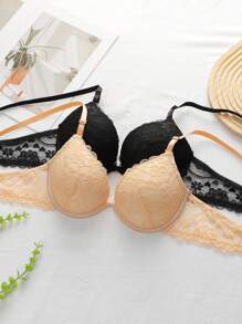2PCS Women's Black/Apricot Floral Lace Underwire Push Up Bra, Small Chest/Bust Female Underwear With Back Closure, Sexy & Solid Color Lingerie For Small Breasts, Supportive Brassiere With Adjustable & Detachable Shoulder Straps, Comfortable & Breathable Fabric, Back With Lace Design, Suitable For Festival, Holidays, Couple Dates And Daily Use - Multicolor - View 4
