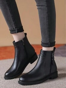 2025 秋冬女士切尔西靴，粗跟，保暖内衬，圆头，弹性，英伦风格，百搭皮靴