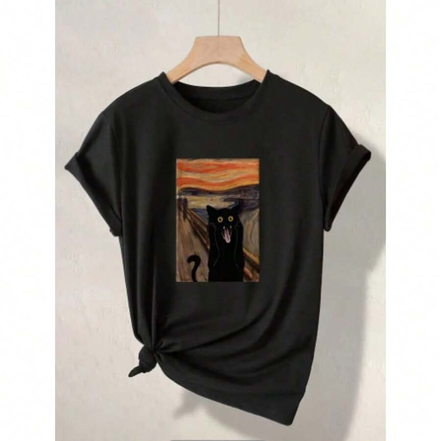 Women's T-Shirt Streetwear Art Painting Scream Cat Casual 100% Cotton - 黑色 - 查看 1