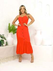 Long Crepe Dress With Padded Bra And Buttons - Orange - View 1