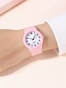 Reloj de cuarzo minimalista con esfera numérica y correa de PVC para estudiantes - Rosa - Ver 2