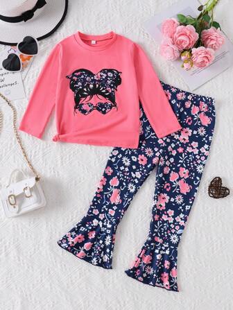Young Girl Fashion Cute Portrait Printed Flare Sleeve Top And Wide Leg Pants Set