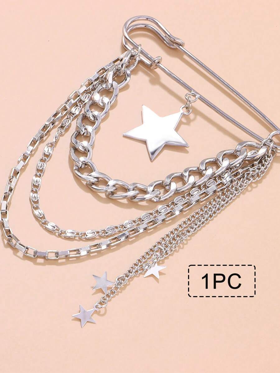 1PC Hip Hop Style Star Tassel Pendant Safety Pin,Safety Pin Brooch With Hanging Chains Charms Decorative Punk Goth Collar Brooches Pin For Sweater Dress Skirt Tie Pins - Silver - View 1