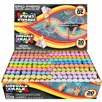 SYNCFUN 180 PCS Washable Sidewalk Chalks Set In 20 Colors Non Toxic Jumbo Chalk For Outdoor Art Play, Painting On Chalkboard, Blackboard And Playground