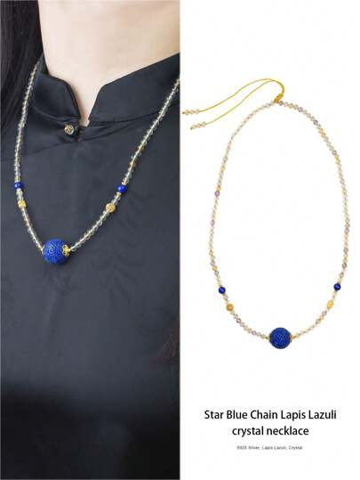  [VE] 1pc Sterling Silver Natural Amethyst & Lapis Lazuli Pendant Necklace. Lapis Lazuli Represents Calmness And Wisdom, A Symbol Of Power And Nobility. Amethyst Symbolizes Wisdom And Wealth, Helping You Thrive In Career And Interpersonal Relationships, Radiating Unique Charm. Natural Gemstone Color Varies.