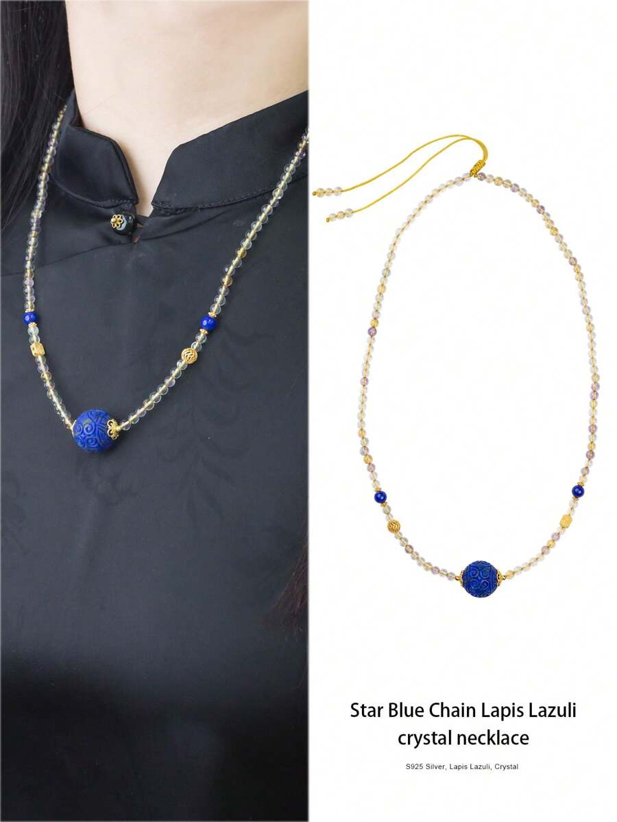 [VE] 1pc Sterling Silver Natural Amethyst & Lapis Lazuli Pendant Necklace. Lapis Lazuli Represents Calmness And Wisdom, A Symbol Of Power And Nobility. Amethyst Symbolizes Wisdom And Wealth, Helping You Thrive In Career And Interpersonal Relationships, Radiating Unique Charm. Natural Gemstone Color Varies. - Multicolor - View 1