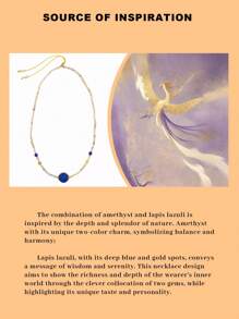 [VE] 1pc Sterling Silver Natural Amethyst & Lapis Lazuli Pendant Necklace. Lapis Lazuli Represents Calmness And Wisdom, A Symbol Of Power And Nobility. Amethyst Symbolizes Wisdom And Wealth, Helping You Thrive In Career And Interpersonal Relationships, Radiating Unique Charm. Natural Gemstone Color Varies. - Multicolor - View 6
