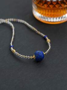 [VE] 1pc Sterling Silver Natural Amethyst & Lapis Lazuli Pendant Necklace. Lapis Lazuli Represents Calmness And Wisdom, A Symbol Of Power And Nobility. Amethyst Symbolizes Wisdom And Wealth, Helping You Thrive In Career And Interpersonal Relationships, Radiating Unique Charm. Natural Gemstone Color Varies. - Multicolor - View 4