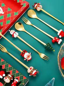 6pcs Christmas Gift Fork And Spoon Set, Stainless Steel Creative Flatware, Coffee, Tea And Dessert Fork And Spoon Gift Set