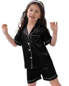 American Satin Children's Pajamas Short Sleeve And Shorts Pocket And Buttons Teenage Girls - Black - View 2