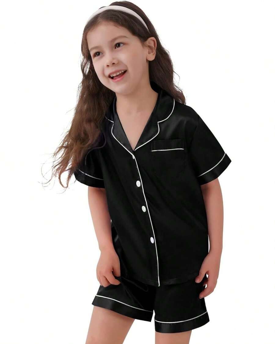 American Satin Children's Pajamas Short Sleeve And Shorts Pocket And Buttons Teenage Girls - Black - View 1