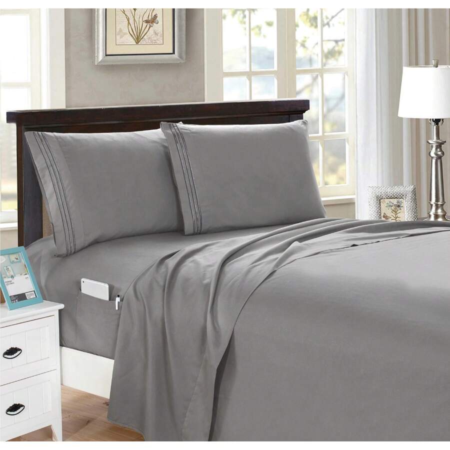 Elegant Comfort Luxury 4pcs Smart Pocket Sheet Set 16 Inch Deep Pockets - Ultra Soft Machine Washable Luxury 4-Piece Bed Sheet Set - Fade And Wrinkle Resistant Premium Hotel Quality Twin/Full/Queen/King Bedding Set- 4PC Sheets For Daily Use, Dorms, Guest Rooms, Christmas Decorations Gifts, Cozy Winter Styles (4pcs For Twin Size Sheet Set) - 灰色 - 查看 1