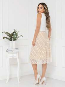 Midi Pleated Skirt In Tulle Fabric, Evangelical Fashion, With Lining And Elastic At The Waist, Cod128 - 淺褐色的 - 查看 2