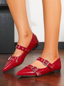 女士尖头平底浅口2024秋冬新款乐福鞋办公室工作休闲软底英伦风莫卡辛鞋女大码41-43 - 紅色 - 查看 5