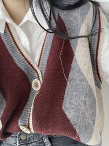 复古学院风拼色菱形图案针织背心（不含衬衫）