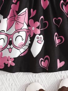 Baby GirlHeart, Glasses, Bow, Kitty Graphic Long Sleeve Cute Mini Dress For Spring And Autumn, Valentine's Day