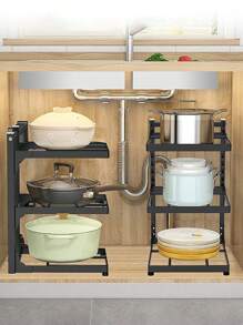1pc Multi-Tier Height Adjustable Stainless Steel Pot Rack - Space-Saving Under Sink Storage Solution For Kitchen Utensils And Cookware - Durable, Easy-To-Assemble, And Versatile Cabinet Organizer For Home And Restaurant Use - màu đen - Xem 3