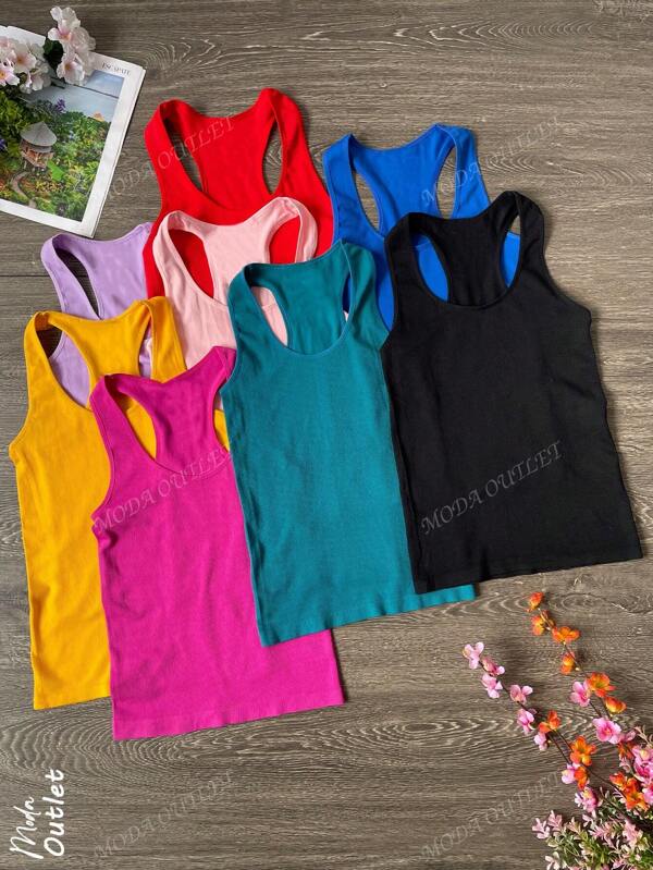 Set de 8 piezas de playera para dama, tirante cruzado, tela tipo canalé, elástico ligero, cómoda y fresca,