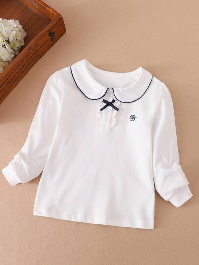 Young Girl Peter Pan Collar Preppy Letter Embroidered Thin Long Sleeve T-Shirt, Autumn
