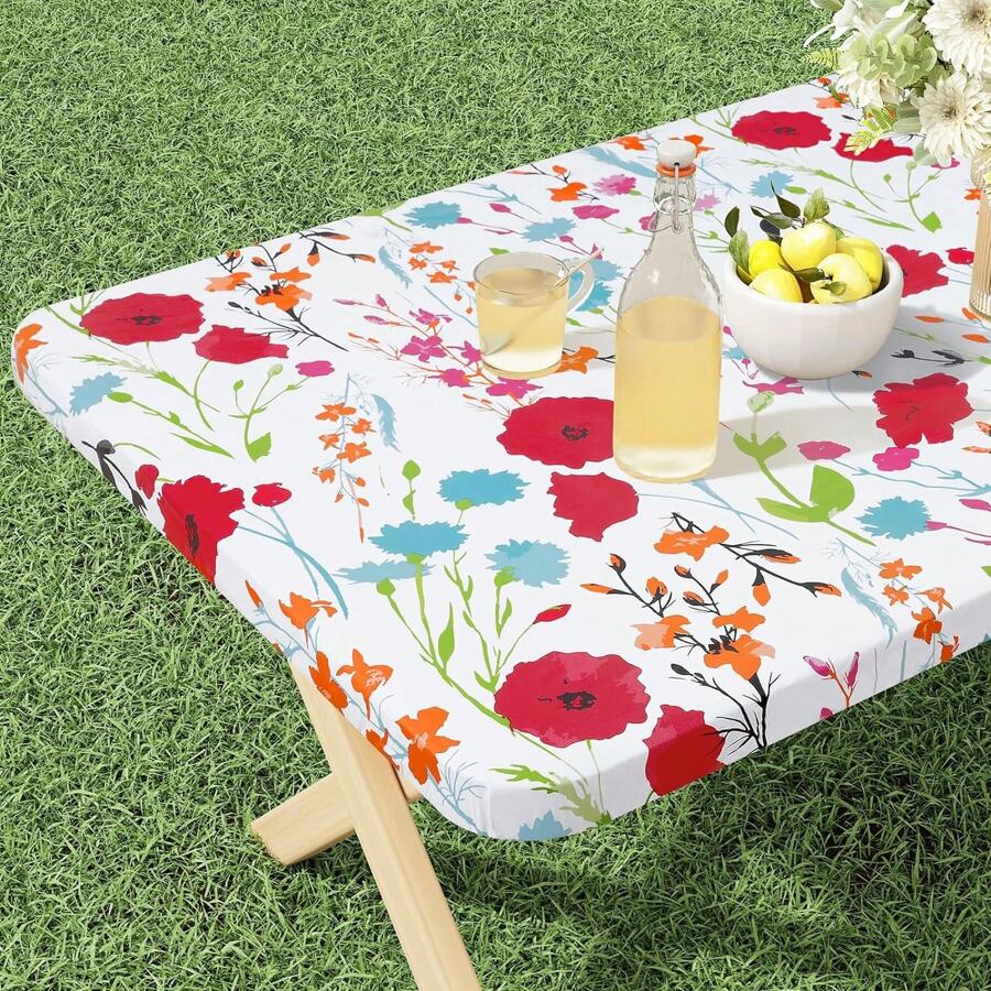 SUNFANS 1pc Rectangular Printed Tablecloth, Waterproof Elastic Fitted Vinyl Backed Flannel Tablecloth, Suitable For Christmas, New Year, Outdoor, Patio Use - Multicolor - View 1