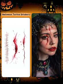 5pcs Halloween Face Stickers, Scar Skull Blood Temporary Tattoos, Waterproof Sweat-Proof Disposable Tattoo Stickers, Unisex, Suitable For Face, Neck, Arms And Other Body Parts, Create Fake Tattoo Effect - Multicolor - View 4