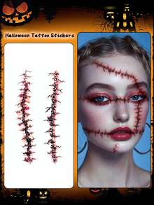 5pcs Halloween Face Stickers, Scar Skull Blood Temporary Tattoos, Waterproof Sweat-Proof Disposable Tattoo Stickers, Unisex, Suitable For Face, Neck, Arms And Other Body Parts, Create Fake Tattoo Effect - Multicolor - View 2