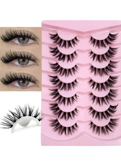 Rikuaild 7 Paar flauschige Flügel-Wimpern mit transparentem Band, Katzenaugen-Look, natürliches Aussehen, wischige Kunstmink-Wimpern, volle Wimpernstreifen