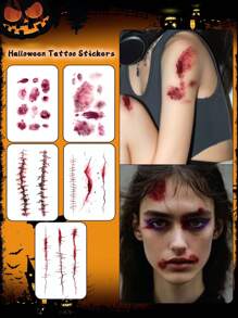 5pcs Halloween Face Stickers, Scar Skull Blood Temporary Tattoos, Waterproof Sweat-Proof Disposable Tattoo Stickers, Unisex, Suitable For Face, Neck, Arms And Other Body Parts, Create Fake Tattoo Effect - Multicolor - View 12