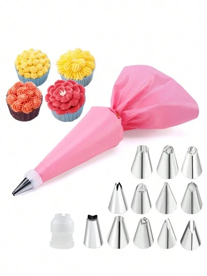 Set de pungi pentru glazură în formă de floare roz, 12 buc, cu duze din oțel inoxidabil, pentru coacerea și decorarea prăjiturii
