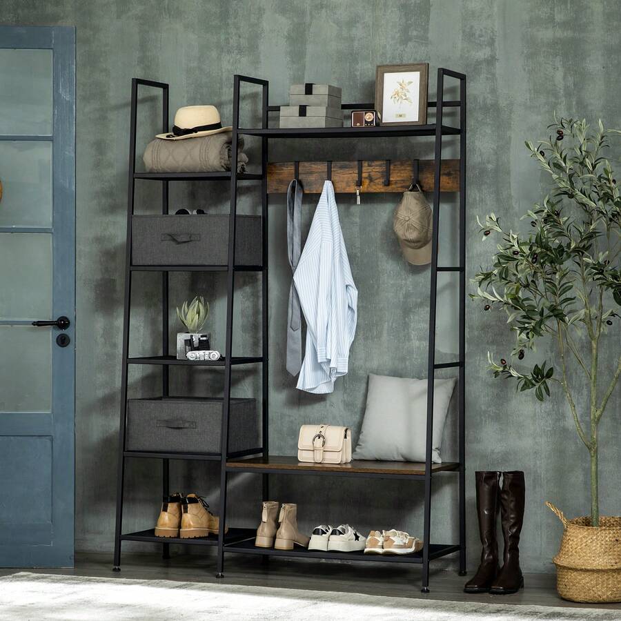 HOMCOM Porte-manteau vestiaire meuble d'entrée style industriel avec banc à chaussures, étagères, 5 crochets amovibles et 2 tiroirs en tissu, 125 x 43 x 185,5 cm, en acier et bois gris, brun rustique - Marron - Voir 1