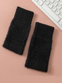 1pair Knitted Half Finger Gloves With Warm Lining For Women, Autumn-Winter, Solid Color Touchscreen Gloves - Multicolor - View 10
