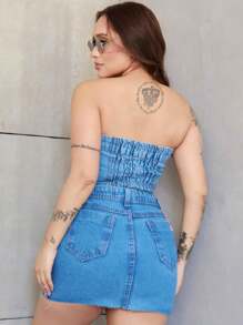 Women's Jeans Set With Embroidered Skirt And Cropped Lastex - 中等水洗藍 - 查看 2