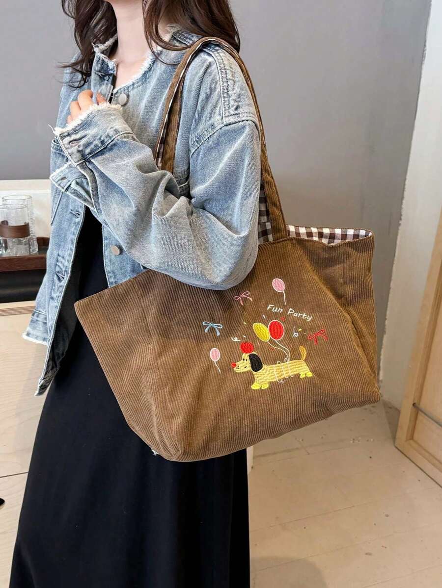 1 Cute Embroidered Dog Pattern Shoulder Bag, Large Capacity Tote Bag