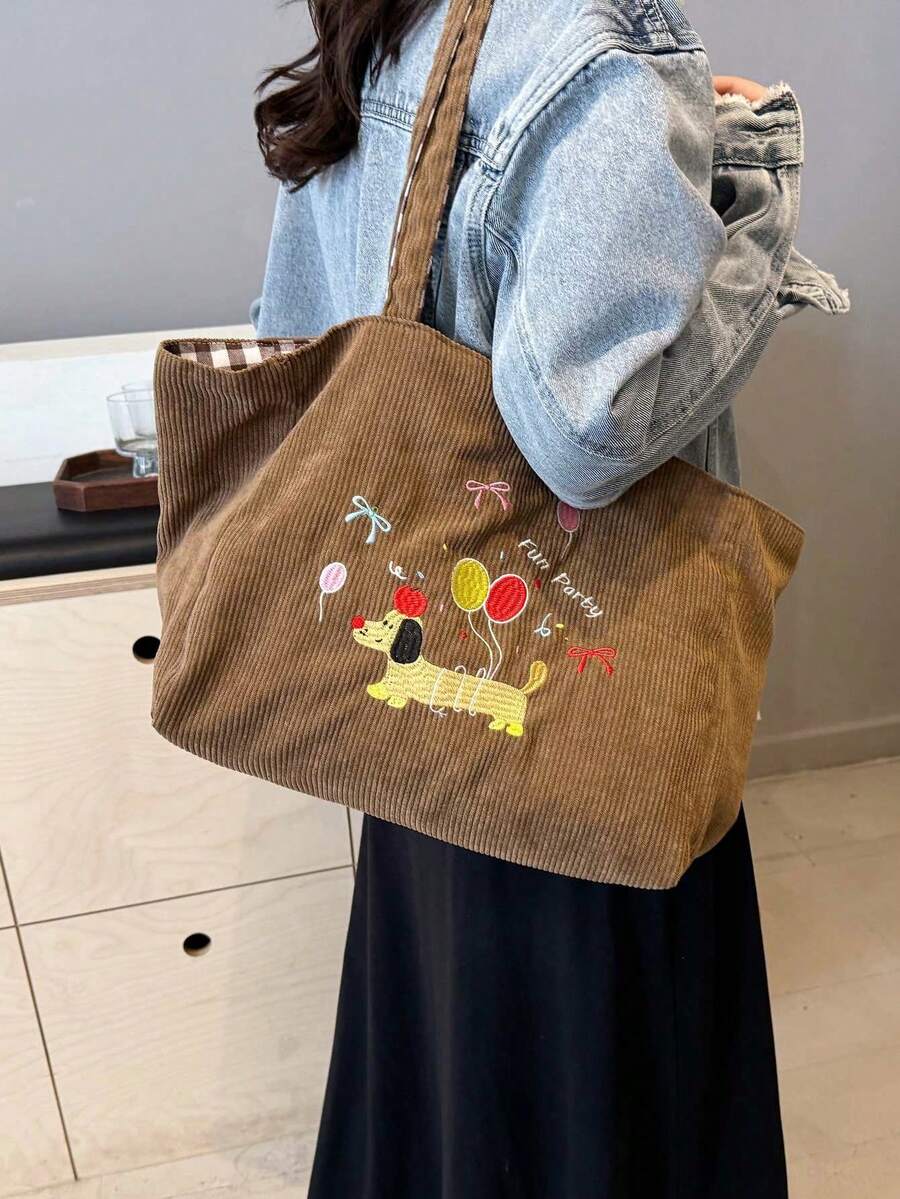 1 Cute Embroidered Dog Pattern Shoulder Bag, Large Capacity Tote Bag