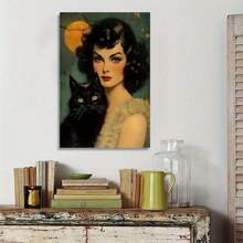 1 Pc Unique Wrapped Wooden Frame Canvas Poster, Vintage Witch Holding Her Cat Under The Full Moon Of Halloween Canvas Wall Art Home Decor, Elegant Poster Wall Decorative Living Room Bedroom Kitchen Office Cafe Ready To Hang Wooden Frame,Posters,Stickers,Wall Art,Spring Decoration Items Refesh Your Home,Rama Decoration Stickers