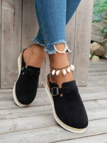 Ciabatte senza back con fibbia quadrata da donna, tomaia in tessuto scamosciato, piattaforma spessa in corda, calzature casual senza lacci - nero - Visualizzare 3