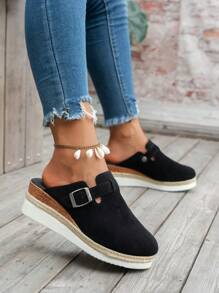Ciabatte senza back con fibbia quadrata da donna, tomaia in tessuto scamosciato, piattaforma spessa in corda, calzature casual senza lacci - nero - Visualizzare 4