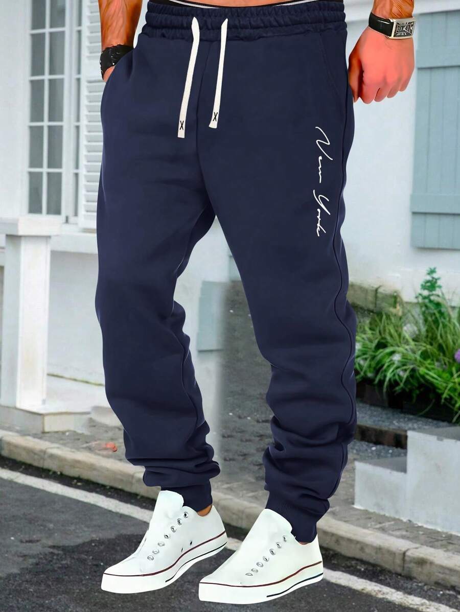 Pantalones casuales con estampado de letras para hombres, pantalones deportivos de talla grande con cintura con cordón, pantalones joggers de ajuste relajado y transpirables para acampar, senderismo y viajar - Azul - Ver 1