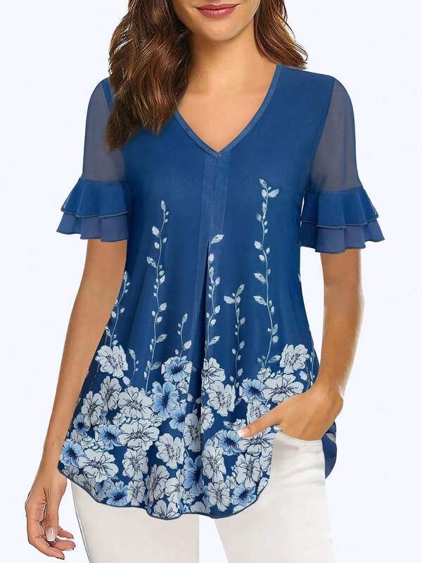 CheersLife Women's Short Sleeve Tunic Tops Casual Loose Fit Floral Blouses Mesh Pleated  Shirt