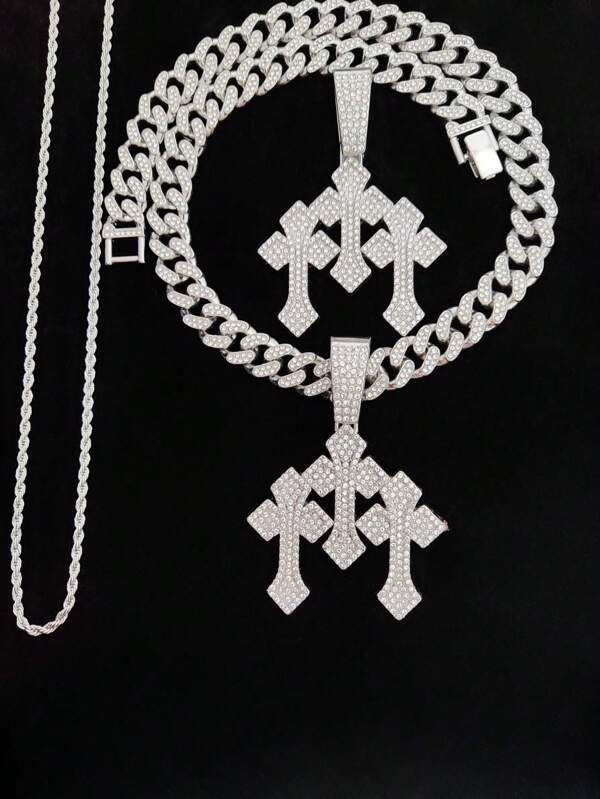 1 pieza Colgante cruzado creativo, 1 pieza Cadena de 13 mm de ancho, y 1 pieza Cadena de cuerda de acero inoxidable de 3 mm de ancho - Collares de moda unisex hip hop retro para uso diario o fiesta, 2 estilos de cadena